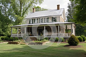 farmhouse with wrap-around porch, rocking chairs, and garden