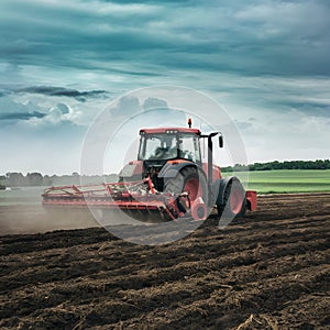 Farming Activity Tractor Working Soil in Field Under Cloudy Sky