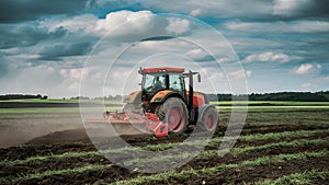 Farming Activity Tractor Working Soil in Field Under Cloudy Sky