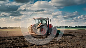 Farming Activity Tractor Working Soil in Field Under Cloudy Sky