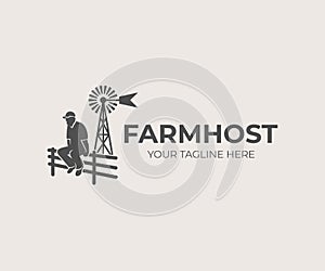 Farming and agriculture, farmer sitting on fence on background aermotor windmill, logo design. Farm and agricultural, vector desig