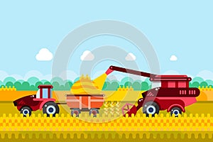 Farming and agriculture harvesting concept. Vector illustration of combine and tractor on wheat or corn cereal field.