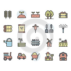 Farming and agriculture icon and symbol set in color outline design