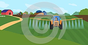 Farming agriculture vector illustration, cartoon flat agricultural agrarian sprinkler tractor watering organic farm