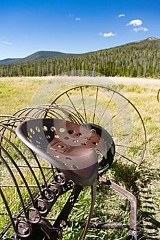 Farming-Antique Iron Hay Rake in Pasture