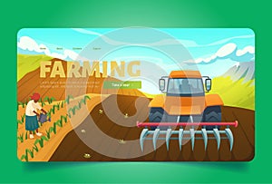 Farming banner with tractor with plow on field