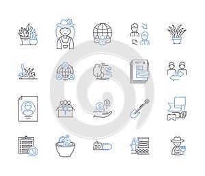 Farming business outline icons collection. Cropping, Sowing, Farming, Cultivating, Reaping, Flourishing, Tilling vector