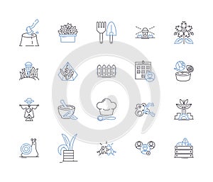 Farming business outline icons collection. Cropping, Sowing, Farming, Cultivating, Reaping, Flourishing, Tilling vector
