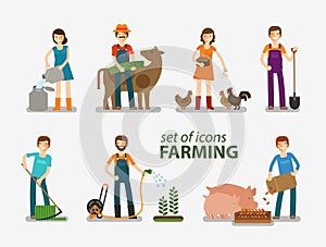 Farming and cattle breeding set of icons. People at work on the farm. Vector illustration