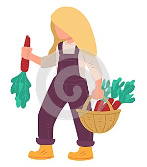 Farming character with ripe carrots in woven basket