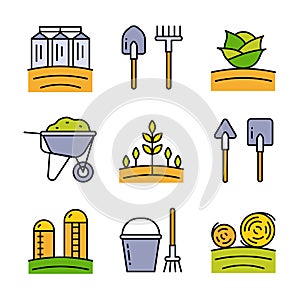 Farming color icons set. Agriculture flat vector icons. Symbols, logos illustration set