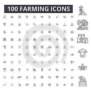 Farming editable line icons, 100 vector set, collection. Farming black outline illustrations, signs, symbols