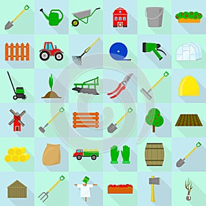 Farming equipment icons set, flat style