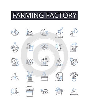 Farming factory line icons collection. Automobile plant, Meat factory, Fishery plant, Textile mill, Power station, Paper