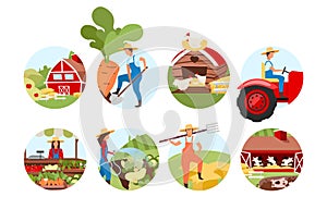 Farming flat concept icons set. Livestock & cattle farm. Agriculture stickers, cliparts pack. Farmers market produce. Crop plants