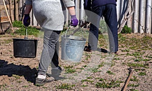 Farming, gardening, agriculture and people concept - happy senior couple working in garden at summer farm