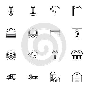 Farming and gardening line icons set