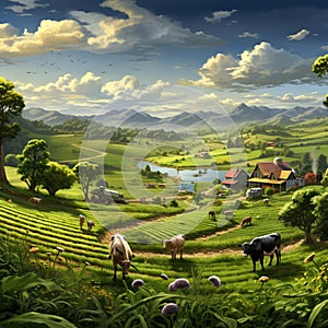 Farming in Harmony: an idyllic depiction of sustainable farming practices, harmonizing with nature's rhythms