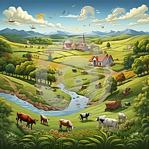 Farming in Harmony: an idyllic depiction of sustainable farming practices, harmonizing with nature's rhythms