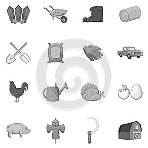 Farming icons set, black monochrome style