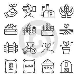 Farming icons set vector illustration. Contains such icon as agriculture, planting, fertilizer, fence and more. Expanded Stroke