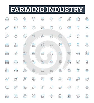 Farming industry vector line icons set. Agriculture, Crops, Livestock, Farming, Sowing, Harvesting, Irrigation