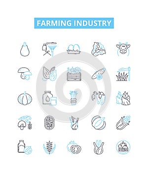 Farming industry vector line icons set. Agriculture, Crops, Livestock, Farming, Sowing, Harvesting, Irrigation