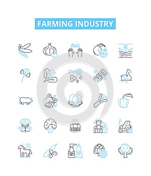Farming industry vector line icons set. Agriculture, Crops, Livestock, Farming, Sowing, Harvesting, Irrigation
