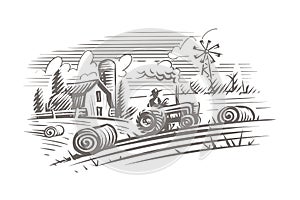 Farming landscape engraving style illustration. Vector, isolated, layered.