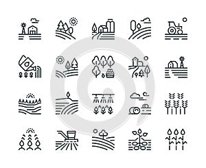 Farming landscape line icons. Rural houses, planting vegetables and wheat fields, cultivated crops. Agriculture