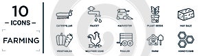 farming linear icon set. includes thin line caterpillar, harvester, hay bale, weather vane, farm, honeycomb, vegetables icons for