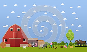 Farming men and women working on farmyard, vector illustration