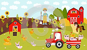 Farming poster with tractor with animals and farmer boy digging, barn with horse, landscape with harvest