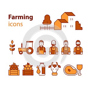 Farming products icons set, farm house, fruit vegetables, cow milk, meat