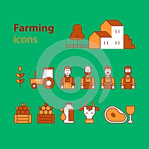 Farming products icons set, farm house, fruit vegetables, cow milk, meat