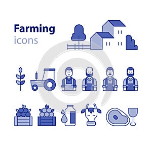Farming products icons set, farm house, fruit vegetables, cow milk, meat