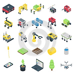 Farming robot icons set, isometric style