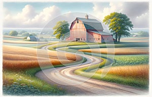 Farming Scene Pastel Colored Watercolor Springtime Barn Country AI Generated Painting