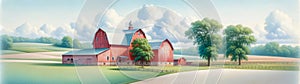 Farming Scene Pastel Colored Watercolor Springtime Barn Country AI Generated Painting