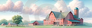 Farming Scene Pastel Colored Watercolor Springtime Barn Country AI Generated Painting