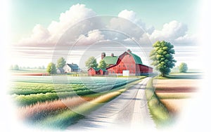 Farming Scene Pastel Colored Watercolor Springtime Barn Country AI Generated Painting