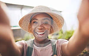 Farming, smile and selfie of black woman in greenhouse, sustainable small business and agriculture. Portrait of happy