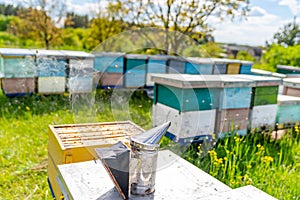 Farming smoker for beehive. Beekeeping equipment for honeycomb.