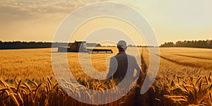 Farming specialist in wheat field. Harvest agronomy field seedling. Generative AI