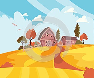 Farming summer landscape. Vector illustration with barn, houses and country yard. American farm in the summer.