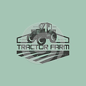 Farming tractor rent vintage logo simple minimalist with grunge effect retro silhouette. harvest logo agriculture field badge