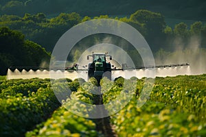 Farming tractor spraying fertilize or pesticide on agricultural field