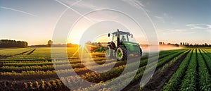 Farming tractor spraying plants in a field.