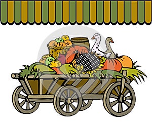 Farming trade at a rural fair. A trolley with hay laden with pumpkins, sunflowers, apples in a basket, live geese, a