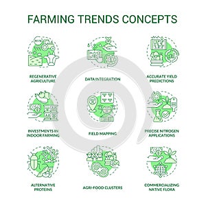 Farming trends green concept icons set